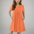 thumbnail image 5 of Girls Short Sleeve Summer Dress Kids Casual Crewneck Loose Beach Short Dresses with Pockets 5-13 Years Orange 10-11 Years, 5 of 6