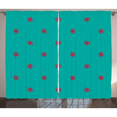 Teal Curtains 2 Panels Set Hand Drawn Pink Wild Flowers Pattern