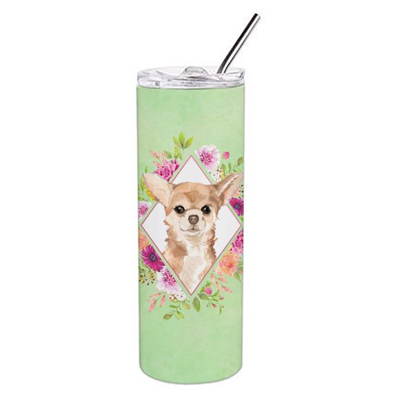 Carolines Treasures CK4405TBL20 Chihuahua Green Flowers Stainless Steel 20 oz Skinny Tumbler 20 oz multicolor