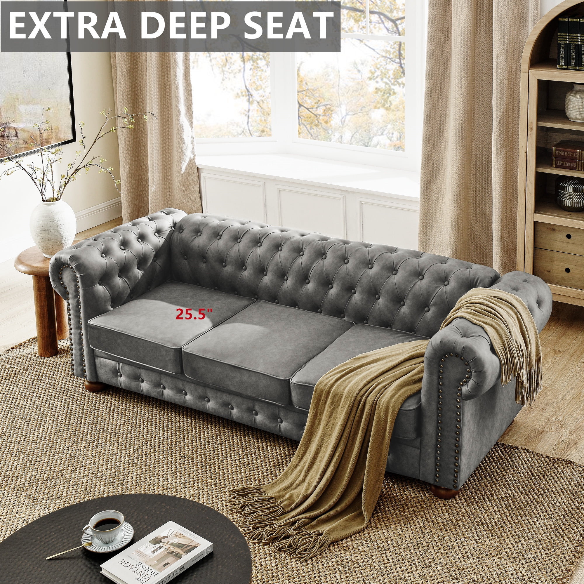 Aukfa 89" Chesterfield Sofa Deep Seat 3-Seater Leather Couch with Tufted Button for Living Room, Rolled Arms, Gray