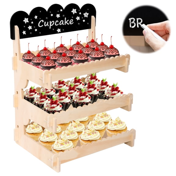 Grusce Tiered Wooden Pastries Display Rack, 3-Tier Bread Cookie Display Shelf with Chalkboard, Large Capacity Cupcake Display Stand for Market Booth Craft Fair and Event