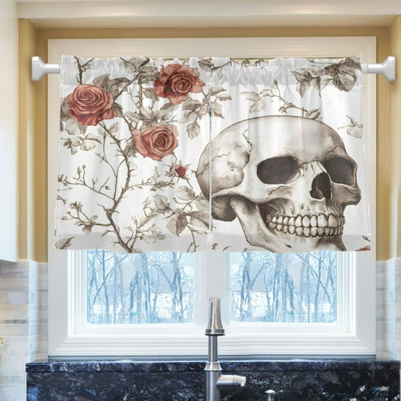 Ryvnso Skull Retro Roses Half Curtains Sets Tier 2 Panels Short Curtain Rod Pocket 27"W x 24"L