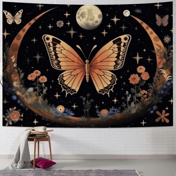 Creowell  Orange Butterfly Moon Flower Tapestry Boho Floral Plant Tapestries for Bedroom Aesthetic Tapastry's Wall Hanging Mandala Botanical Wall Tapestry for Living Room Dorm  40x30inch