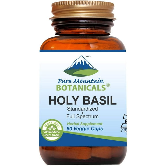 Holy Basil Tulsi Extract Capsules Kosher Vegan Herbal Supplements Brown Glass Bottle (60 Caps) (450 mg)
