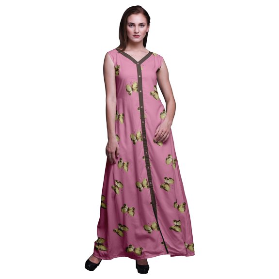Bimba Butterfly Printed Front Slit Sleeveless Summer Spring Long Women Beach Dress-Large