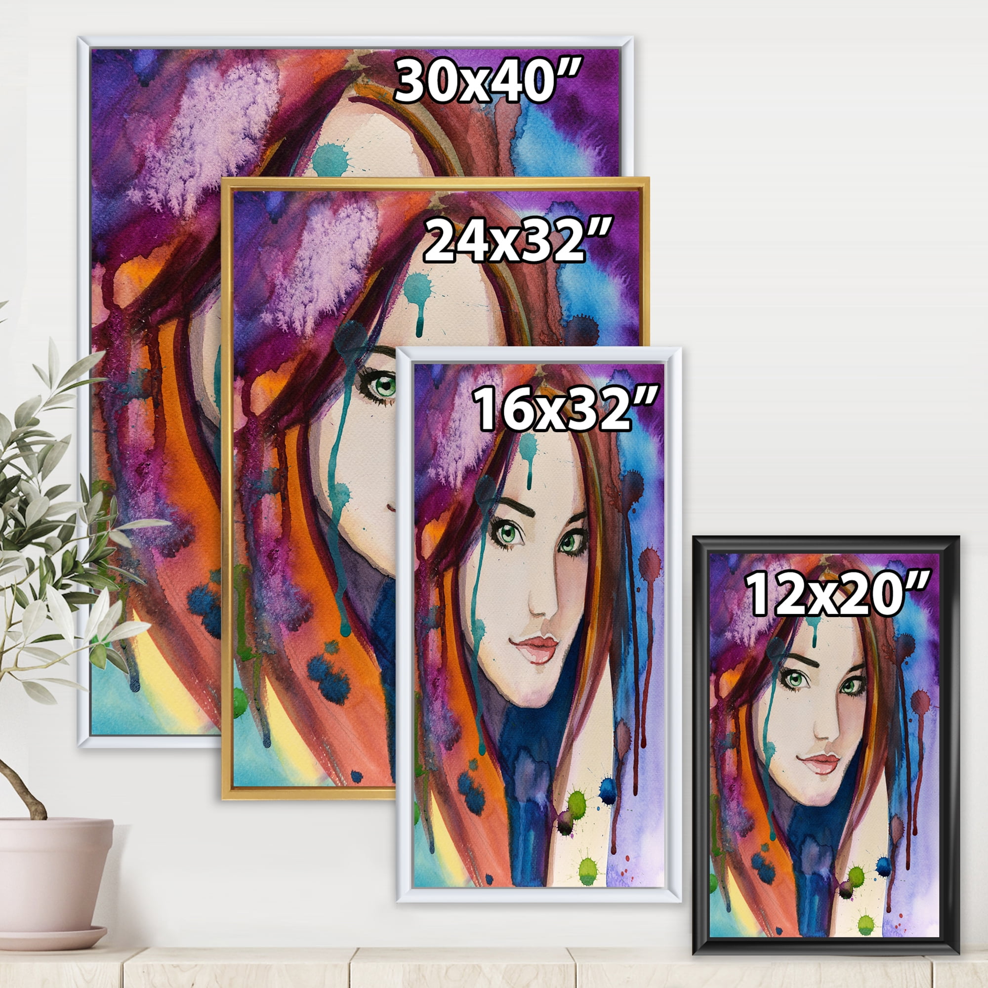 Designart 'Colorful Portrait Of Green Eyes Young Woman' Traditional Framed Canvas Wall Art Print