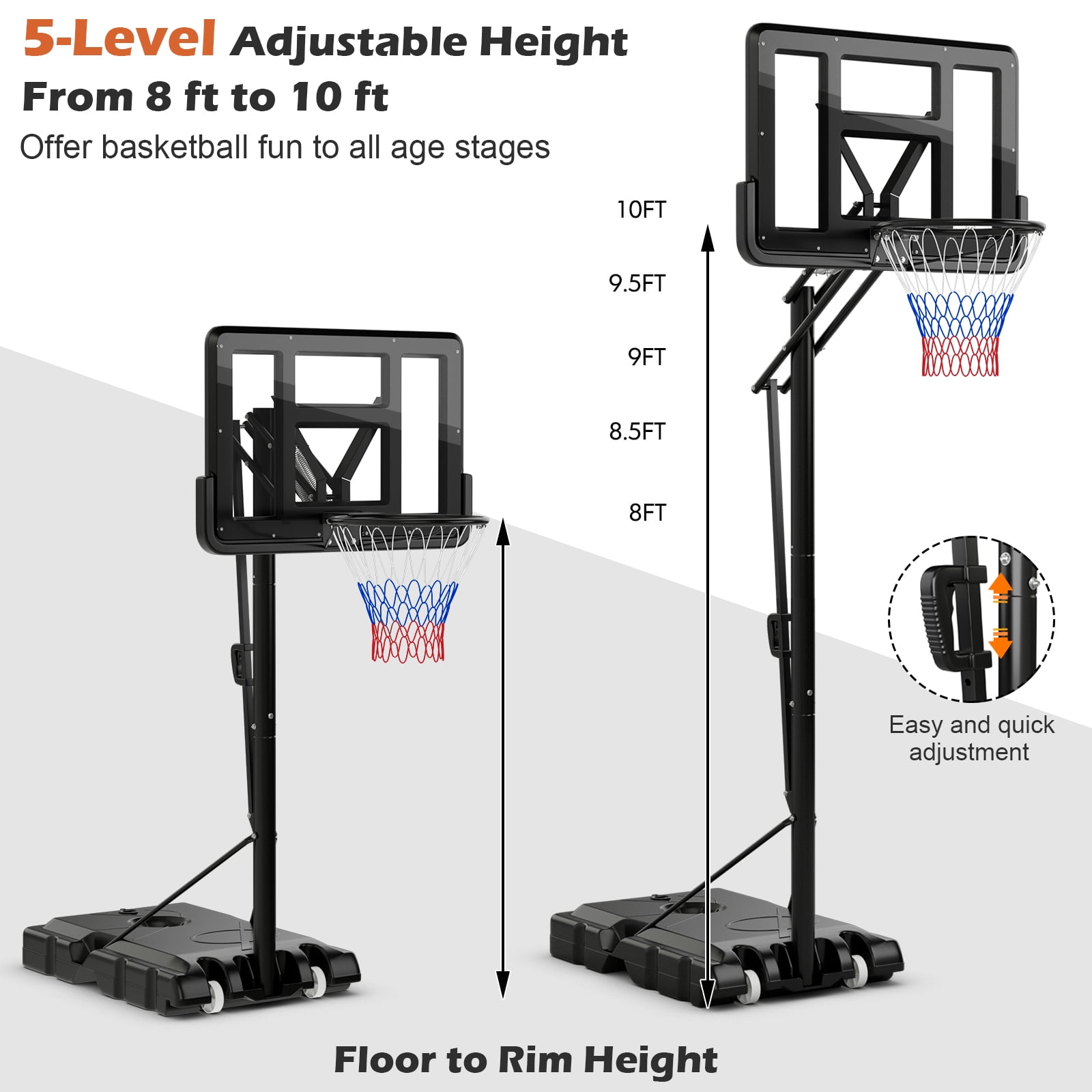 Topbuy Portable Basketball Hoop 8-10FT Height Adjustable Basketball Hoop System w/ 44" Backboard Fillable Base