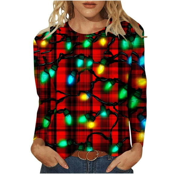 asdoklhq Mock Neck Tops for Women Christmas Christmas Women's Fashion Tees Casual Round Neck Loose T Shirt Long Sleeve Christmas Print Shirt Multicolor L