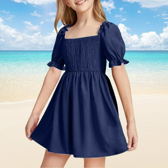 Kid Girl Dresses Puff Sleeve A-Line Tiered Swing Casual Navy Dresses For Girls Birthday Dresses For Girls Rainbow Dress