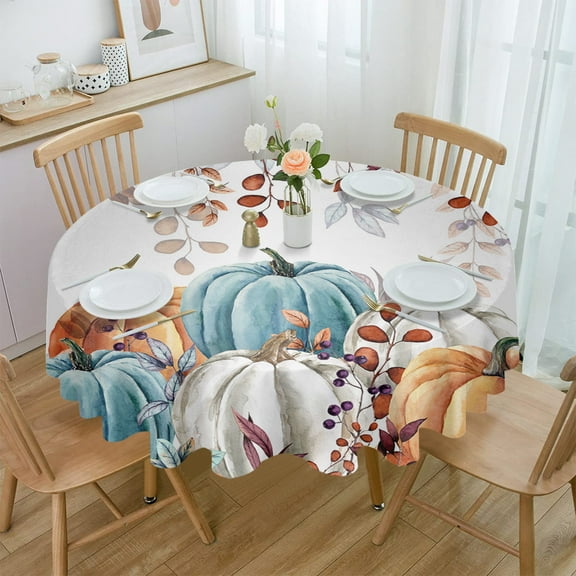 Autumn Pumpkin Eucalyptus Leaves Round Tablecloth Party Kitchen Dinner Table Cover Holiday Decor Waterproof Tablecloths