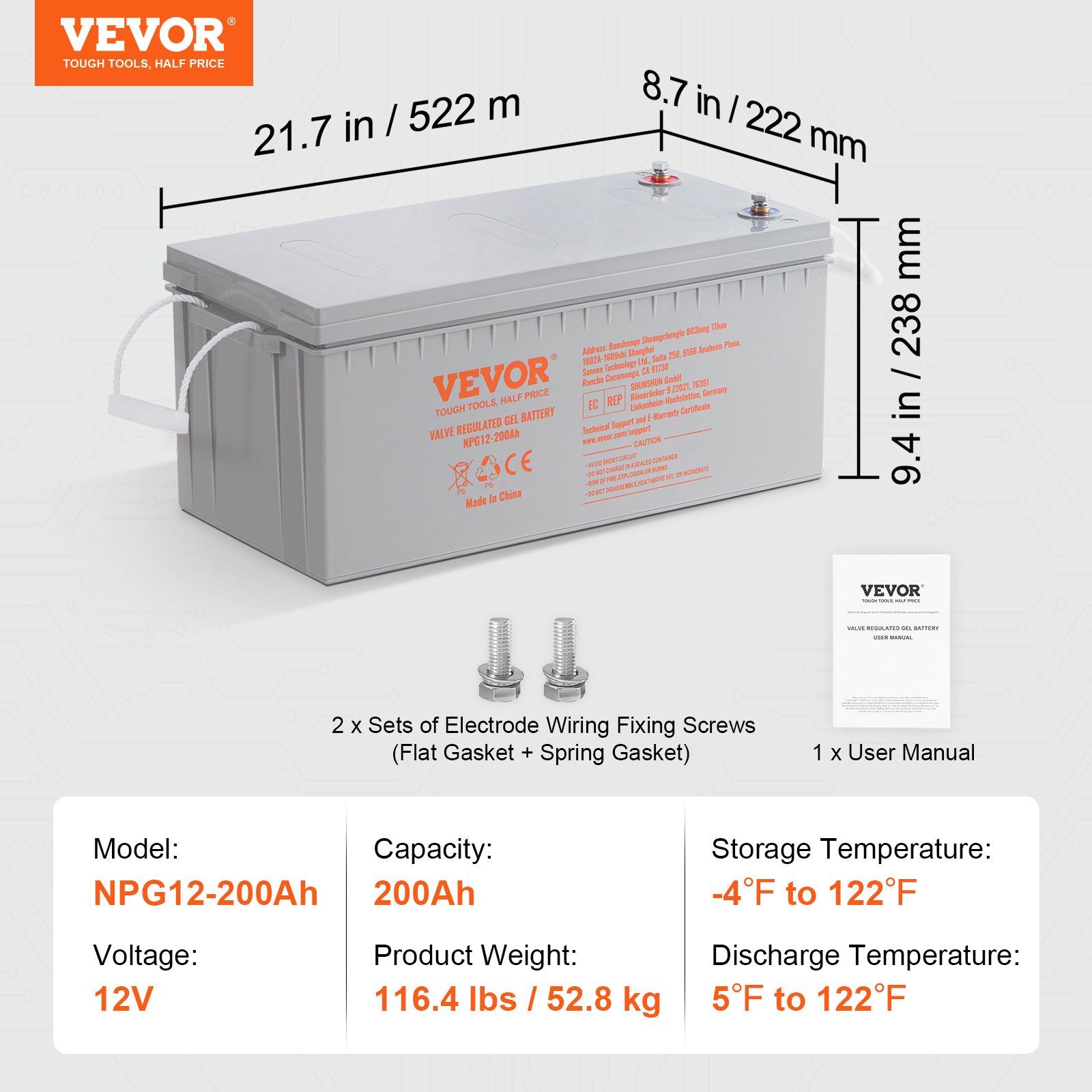 Vevor SXHDCQSDCFKSMVAHDV9 Deep Cycle Battery 12V 200 AH AGM Marine Rechargeable Battery