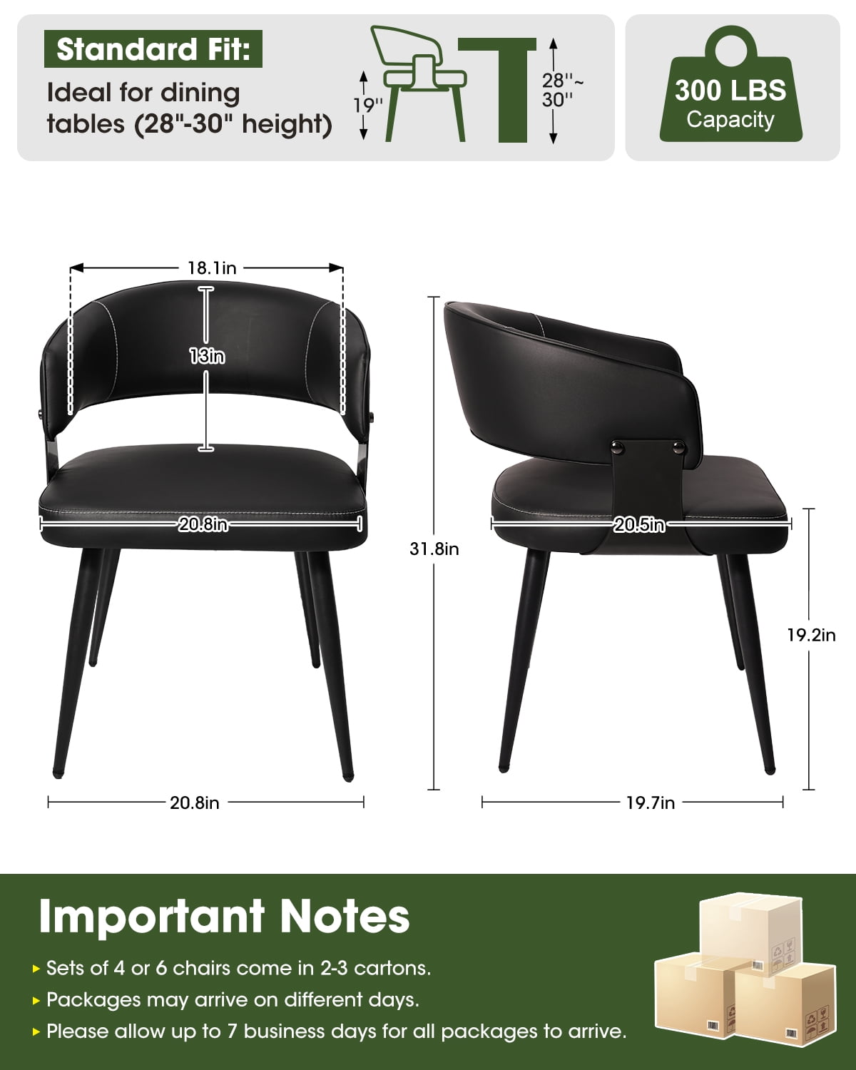 Modern Kitchen Chair Set of 4, Upholstered Faux Leather Dining Chairs with Curved Back, Easy Assembly for Dining Room Restaurant Cafe, Black