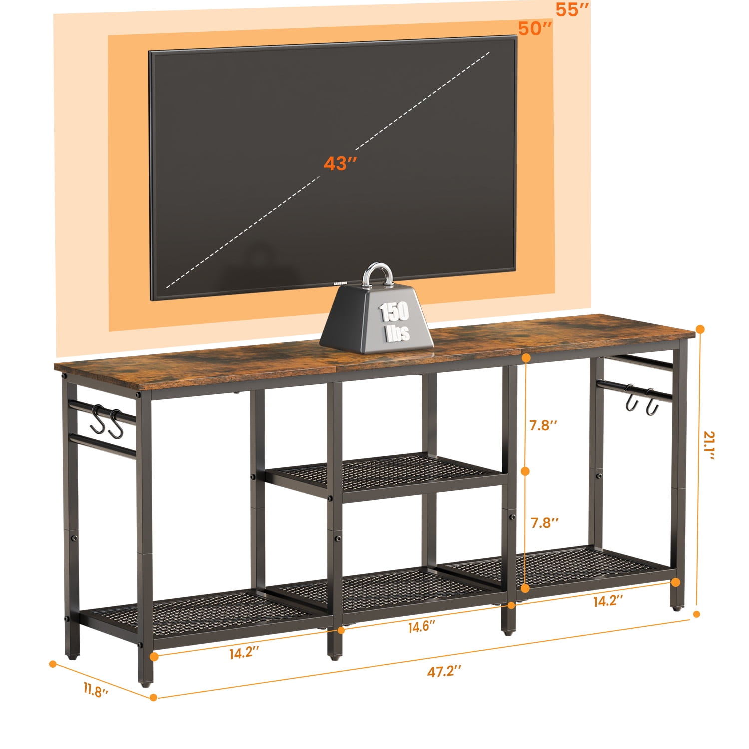Behost TV Stand for TVs up to 55 Inch, Entertainment Center with Open Storage Shelves, TV Media Console Table with Soundbar Shelf for Living Room, Bedroom, Rustic Brown