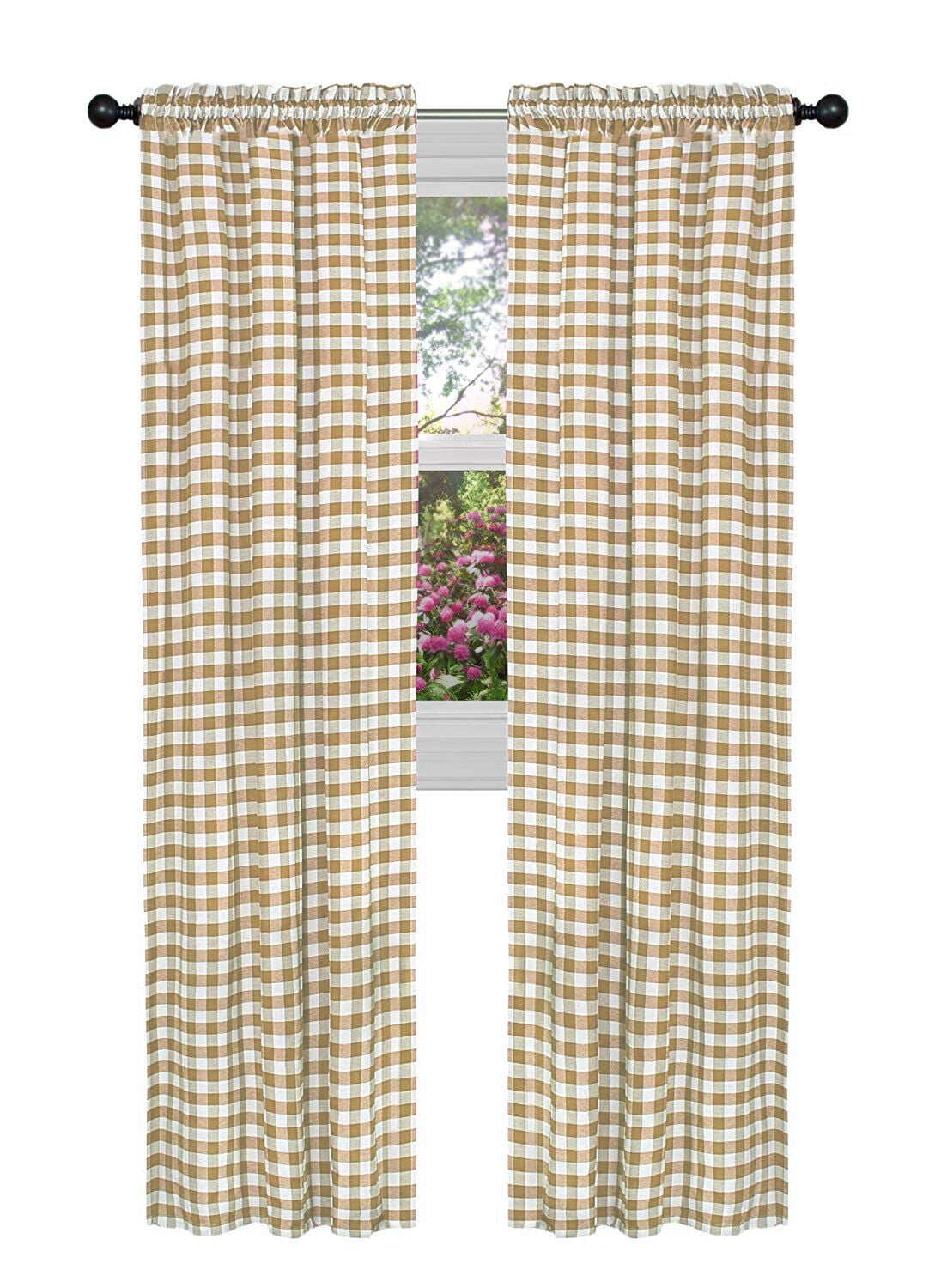 2 Pack Country Farmhouse Basic Plaid Checkered Window Curtains Taupe