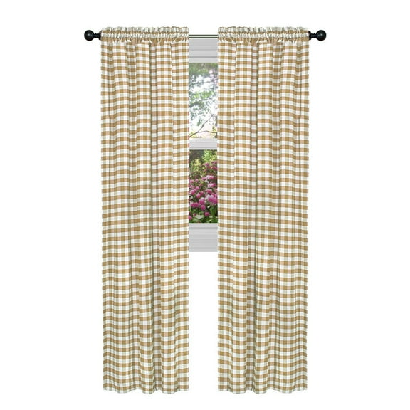 2 Pack Country Farmhouse Basic Plaid Checkered Window Curtains - Taupe/Linen, 95 in. Long