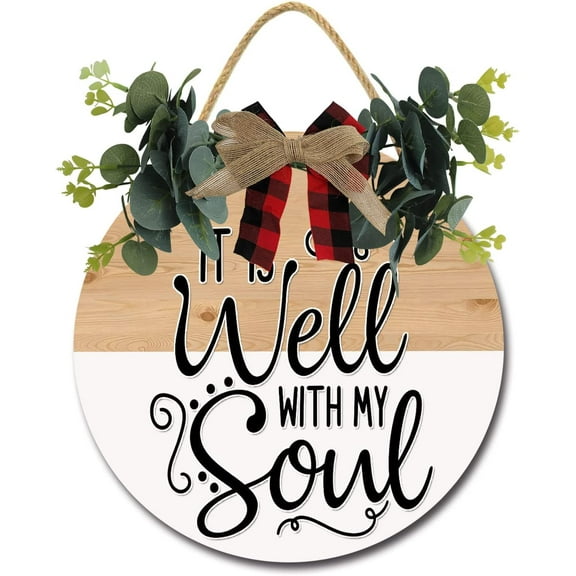 Eveokoki 12" It Is Well With My Soul Door Sign Plaque,Welcome Wall Hanging Signs Front Door Decor Home Decorative Door Sign Wooden Plaque Hanger for Bedroom Porch Yard Decoration