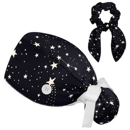 

Working Cap with Buttons and Sweatband Scrub Hat Bouffant Caps with Scrunchie Constellations and Stars Tie Back Hats