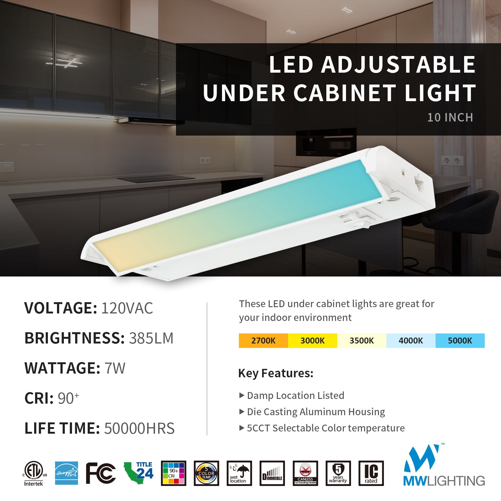 1PK 10 inch Linkable LED Kitchen Under Cabinet Lighting with 5CCT Selectable, Hardwired & Plug-in, 70degree Swivel, Aluminum Material,White Finish,Dimmable with Wall Dimmers 4pack (10 inchs)