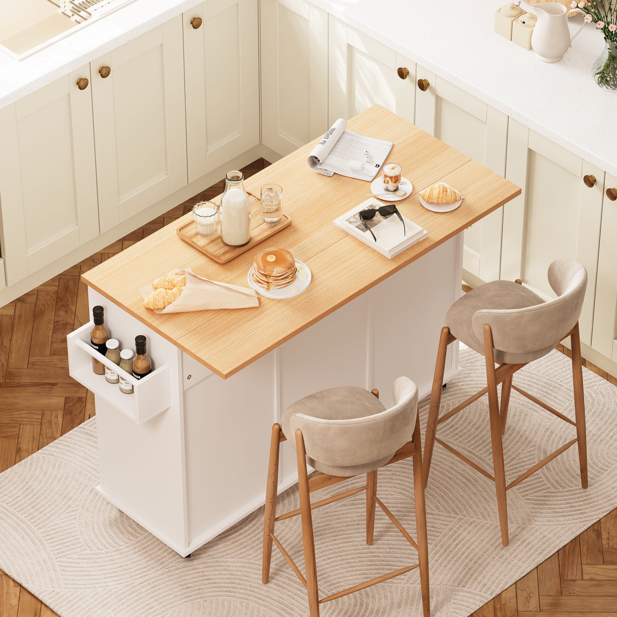spanspace 48" Kitchen Island Cart with Drop Leaf , 10 Gallon Storage and Tilt Out Trash Can Cabinet , Portable Kitchen Island with Wheels Drawer and Adjustable Shelves for Kitchen, White
