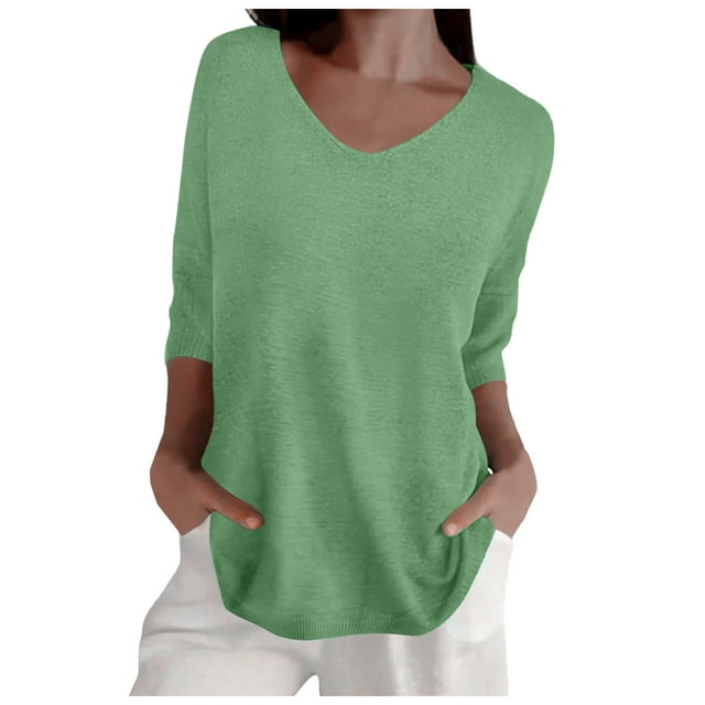 Women Spring Casual Three Quarter Sleeve Solid V Neck Loose Pullover Knit Fall Sweater Top