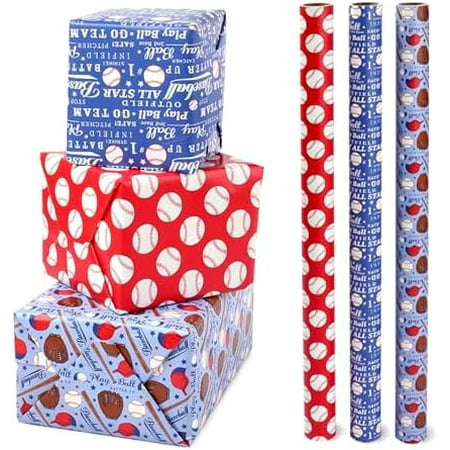 Baseball Wrapping Paper Rolls - 3 Mini Rolls - Sport Wrapping Paper Roll for Boys Birthday Game - 17 X 120 Inch Per Roll