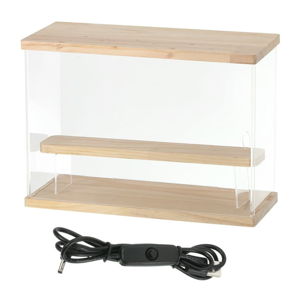 Estuche de exhibición transparente Uxcell, estuche de exhibición de acrílico de 2 capas, cajas de exhibición transparentes para coleccionables (luz LED cuadrada, 13x5x9" base de madera)