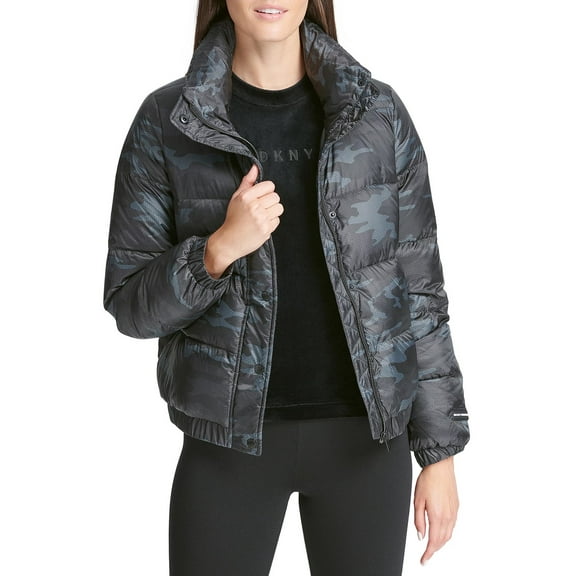 DKNY Women's Sport Printed Logo Puffer Jacket Charcoal Size Medium
