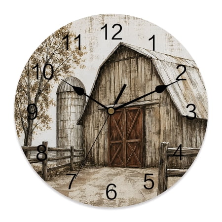 Wall Clock Farmhouse Wood Barn Clocks PVC Silent Non-Ticking Battery Operated Rustic Vintage Country Fence Round Clock for Home Living Room Kitchen Bedroom Office School Wall Decor 14 Inch