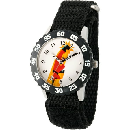 Black Bezel Watch - Disney Incredibles Bob Parr Boys' Stainless Steel Time Teacher Watch, Black Bezel, Black Hook and Loop Nylon Strap