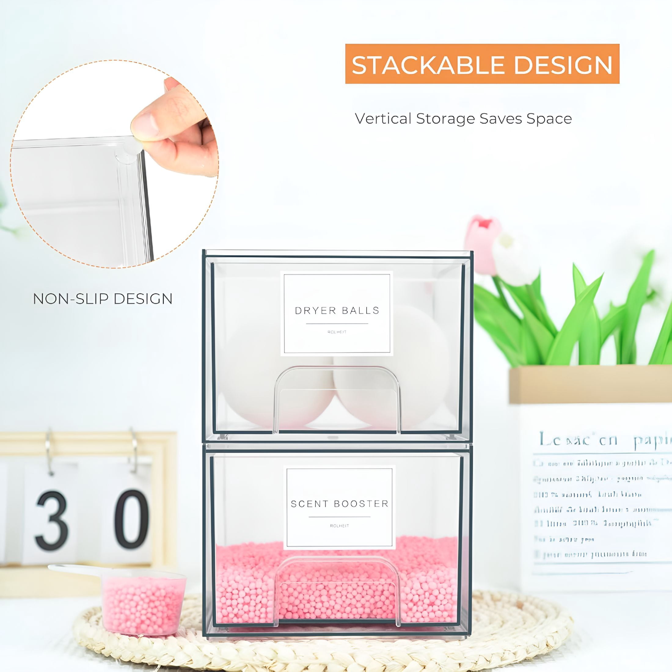 BPPEG 2 Pack Laundry Room Organization Storage Drawers with Labels, Clear Stackable Dryer Sheet Holder and Pod Containers, Detergent Dispenser for Laundry Room Organizing and Decor