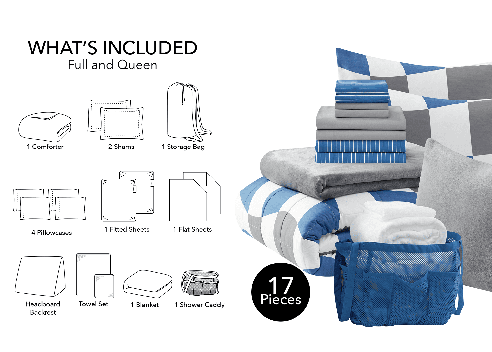 17pc College Dorm Essentials Bundle, Full, Reversible Bed in a Bag Comforter Set, Navy Checker