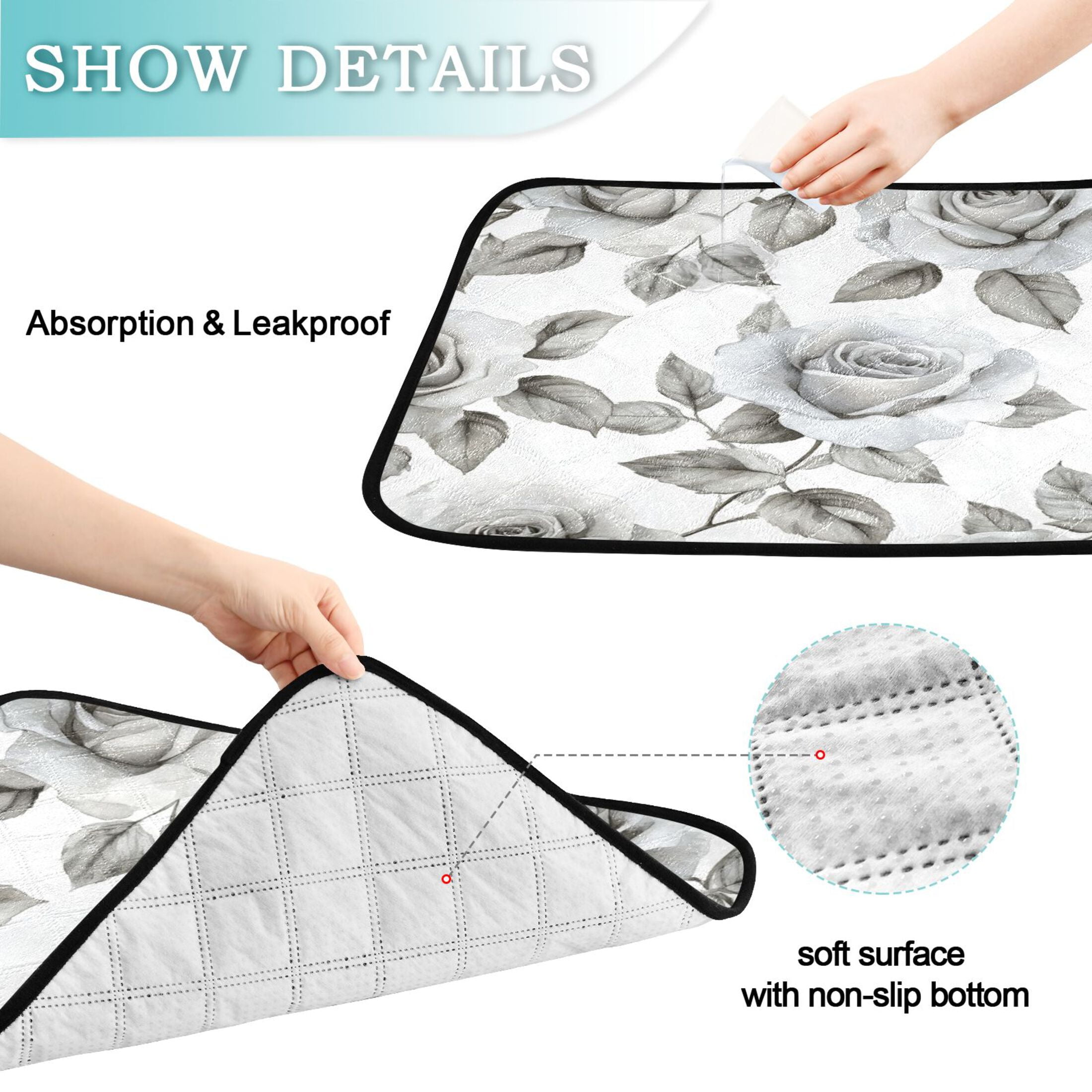 Qxltty Rose Pattern in Gray and White Tones Cat litter Pads Pet Set of 2 Diaper Mats Center Anti-leakage Layer Absorbent Soft and Comfortable