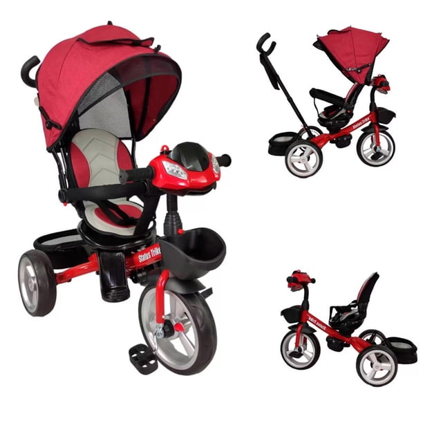 Triciclo Evolutivo Para Niños Tipo Carriola Asiento 360° 7 En 1 Luz Y Sonido Rojo