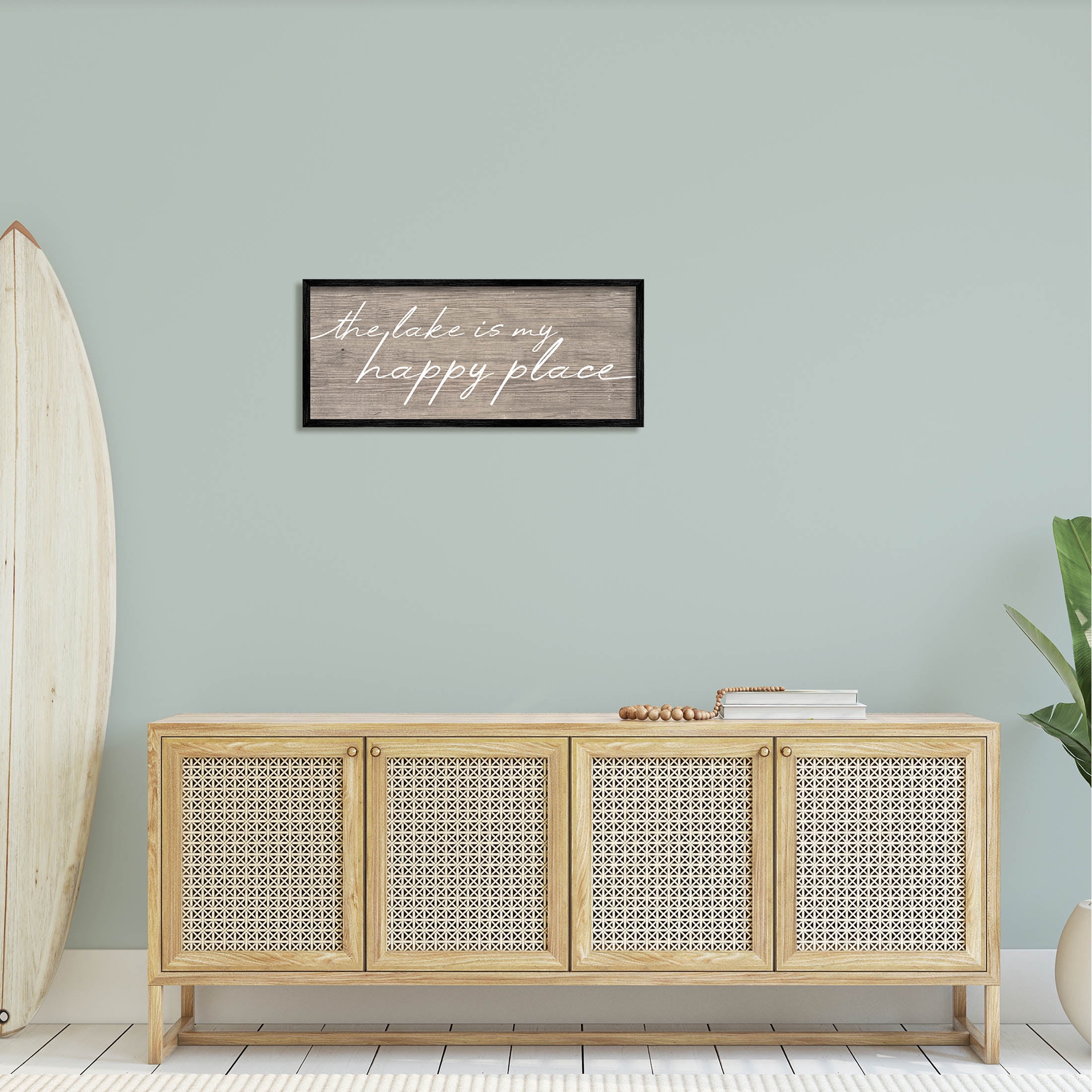 Lake Is Happy Place Phrase Inspirational Graphic Art Black Framed Art Print Wall Art