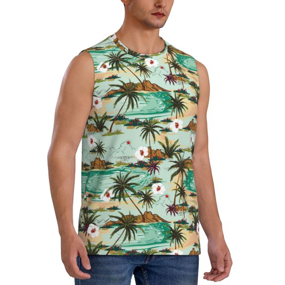 Fotbe Men's Colorful Hawaii Palms Print Men's Sleeveless Muscle Tank Tops Casual T-Shirts for Gym Workout Beach-X-Large