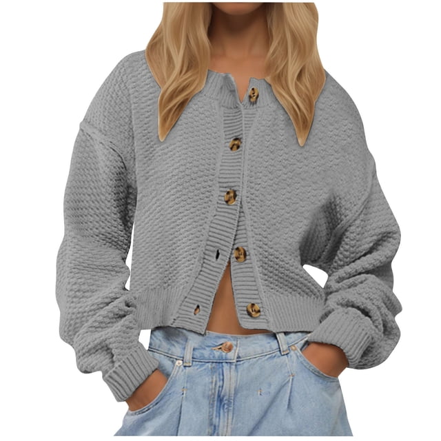 Pisexur Cardigans pour Femmes, Chandails Légers à Col Rond, Vestes en Tricot de Couleur Unie, Cardigan Tendance à Boutons, Cardigans d'Automne pour Femmes, Décontracté, Manches Longues, Cardigan Court Torsadé, Blouse Chandail, Hauts