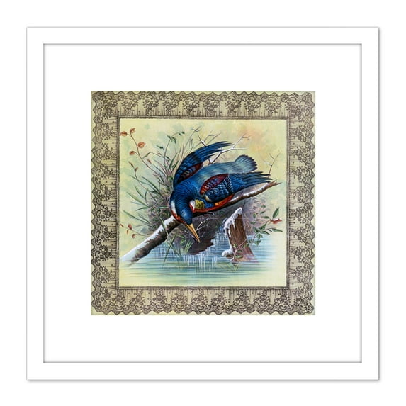 Blue Bird Winter Fishing River Nature Illustration 8X8 Inch Square Wooden Framed Wall Art Print Picture with Mount