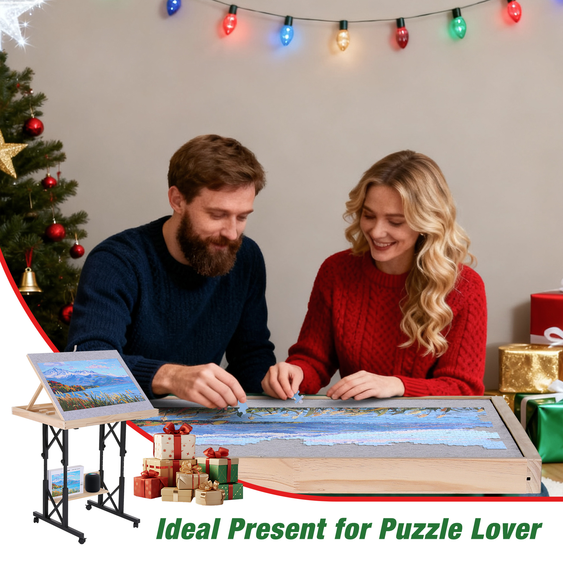 FUNTOK 1500 Pieces Puzzle Table with 4 Wheels, Adjustable Jigsaw Table with Drawers in Height Angle with Cover, Upgraded Stability for Adults