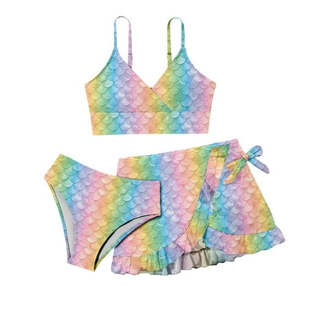 Toddler Girls Swimsuits Gradient Scale Print Spaghetti Strap Bra And Panty Bikini Sets With Swimming Skirts Cover-Up 3 Piece Swimsuit For Kids Swimwears Holiday Wear Pink 17-18 Years