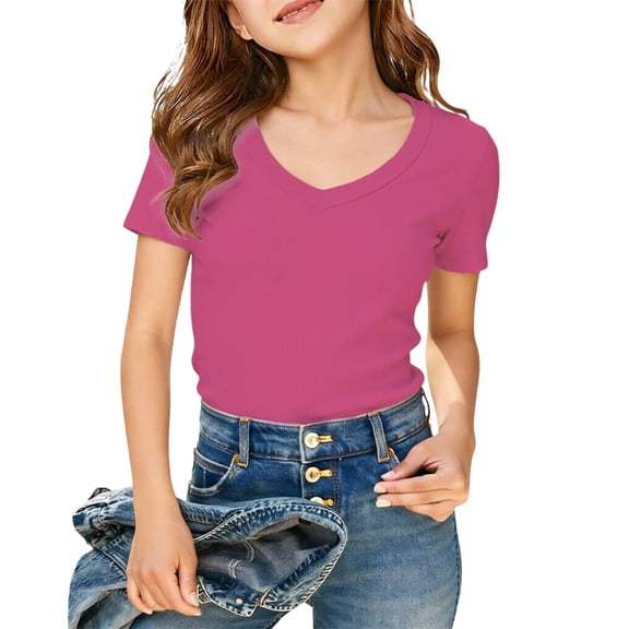 Krdevn Girls Solid Color Short Sleeve Ribbed V Neck T Shirt Comfortable Casual Tops for Big Kids and Tweens Soft Breathable Daily Wear Size:11-12 Years