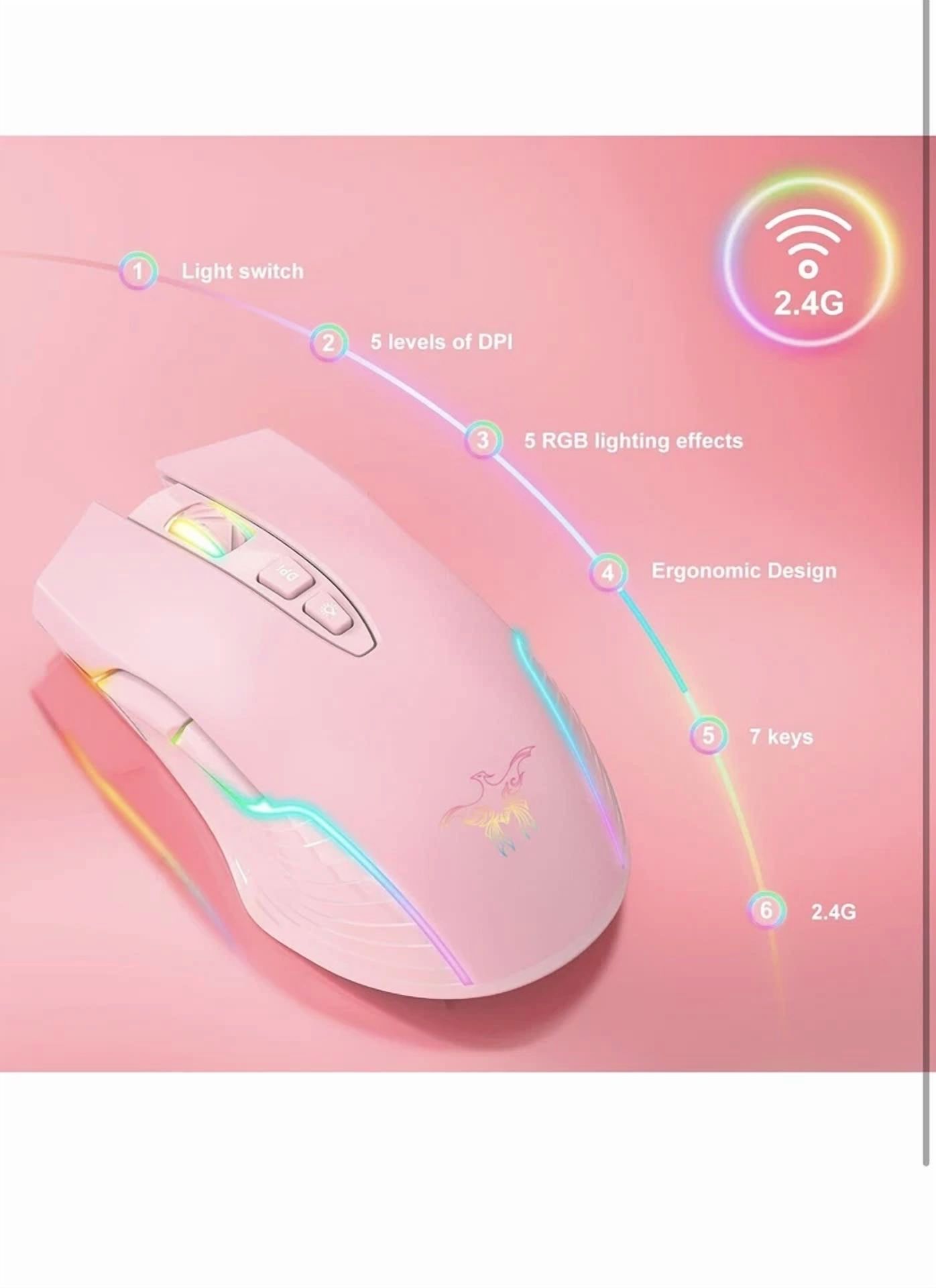 CIRCLE- SIMGAL RGB Wireless Gaming Mouse Pink Rechargeable Ergonomic Design Adjustabl...