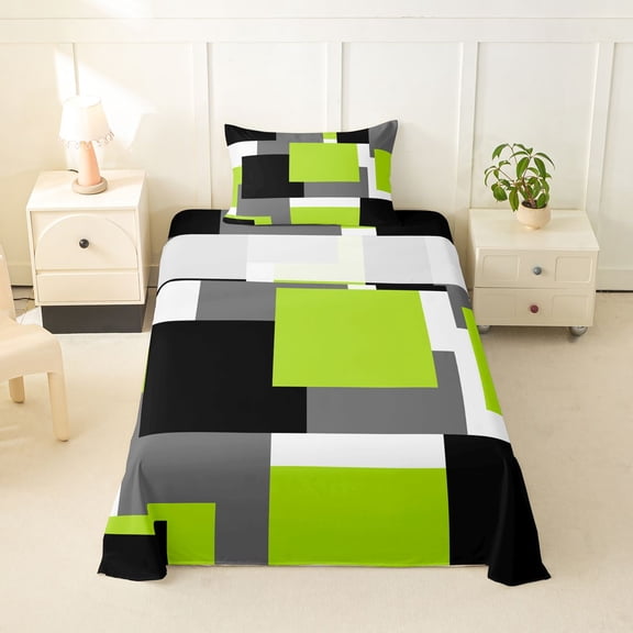 Homewish Green Geometric Square Twin Sheets,Modern Abstract Bedding,3pcs,1 Fitted Sheet and 1 Pillowcase