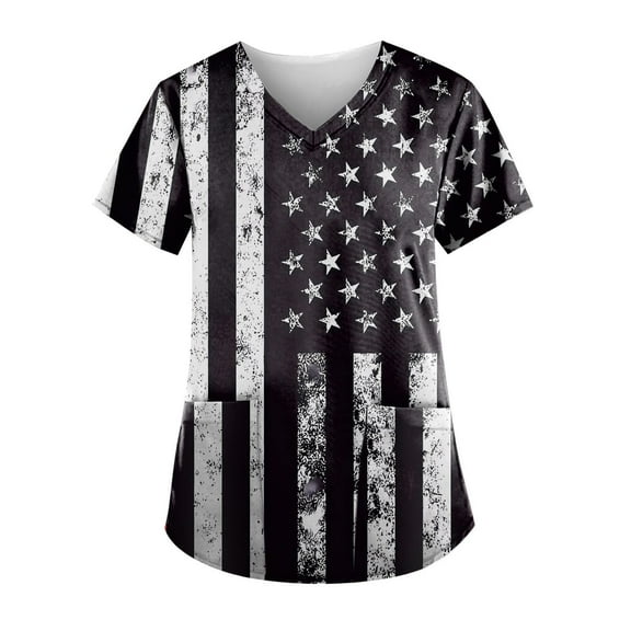 Titcea Women Nursing Scrub Tops 4th of July Patriotic Printed Working Uniform Short Sleeve V Neck Workwear Blouse T-shirt with Pockets, Gifts for Mom/Her