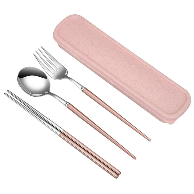 3 Pcs 304 Stainless Steel Tableware Set Portable Chopsticks Spoon Fork Set Outdoor Camping Cutlery Set Travel Dinnerware with Case for Adults (Random Color Crystal Pattern)