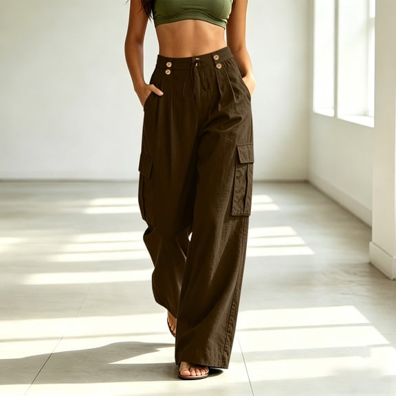 Gamivast Cargo Pants for Women Linen Wide Leg Lightweight High Waisted Drawstring Pull-on Utility Pants with Pockets Full Length Loose Travel Pants Casual Outdoor Wear Outfits Brown M
