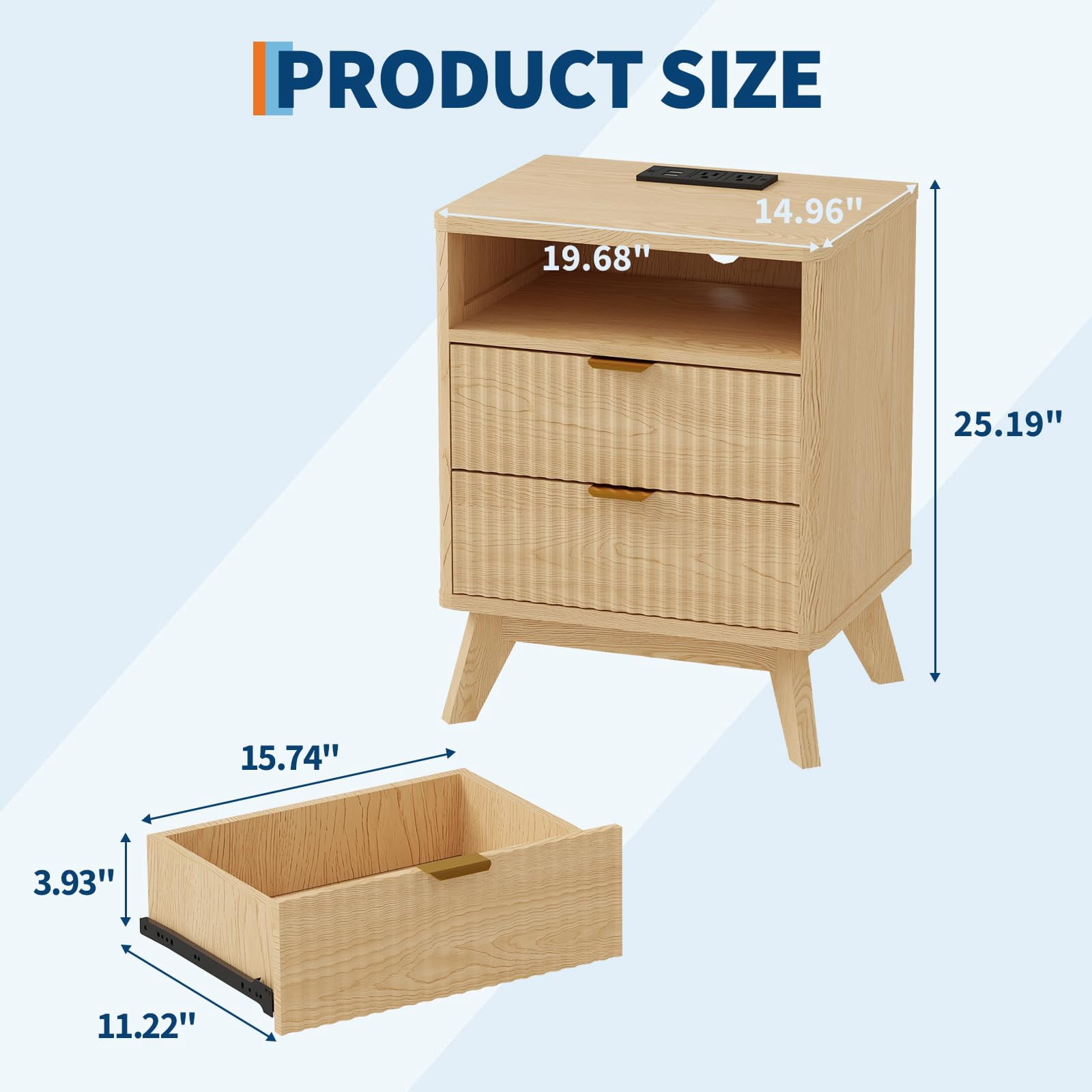 KOKEBREN Modern Nightstand with USB Charging Station - Wood Fluted Bedside Table with 2 Drawers & Open Shelf,Oak
