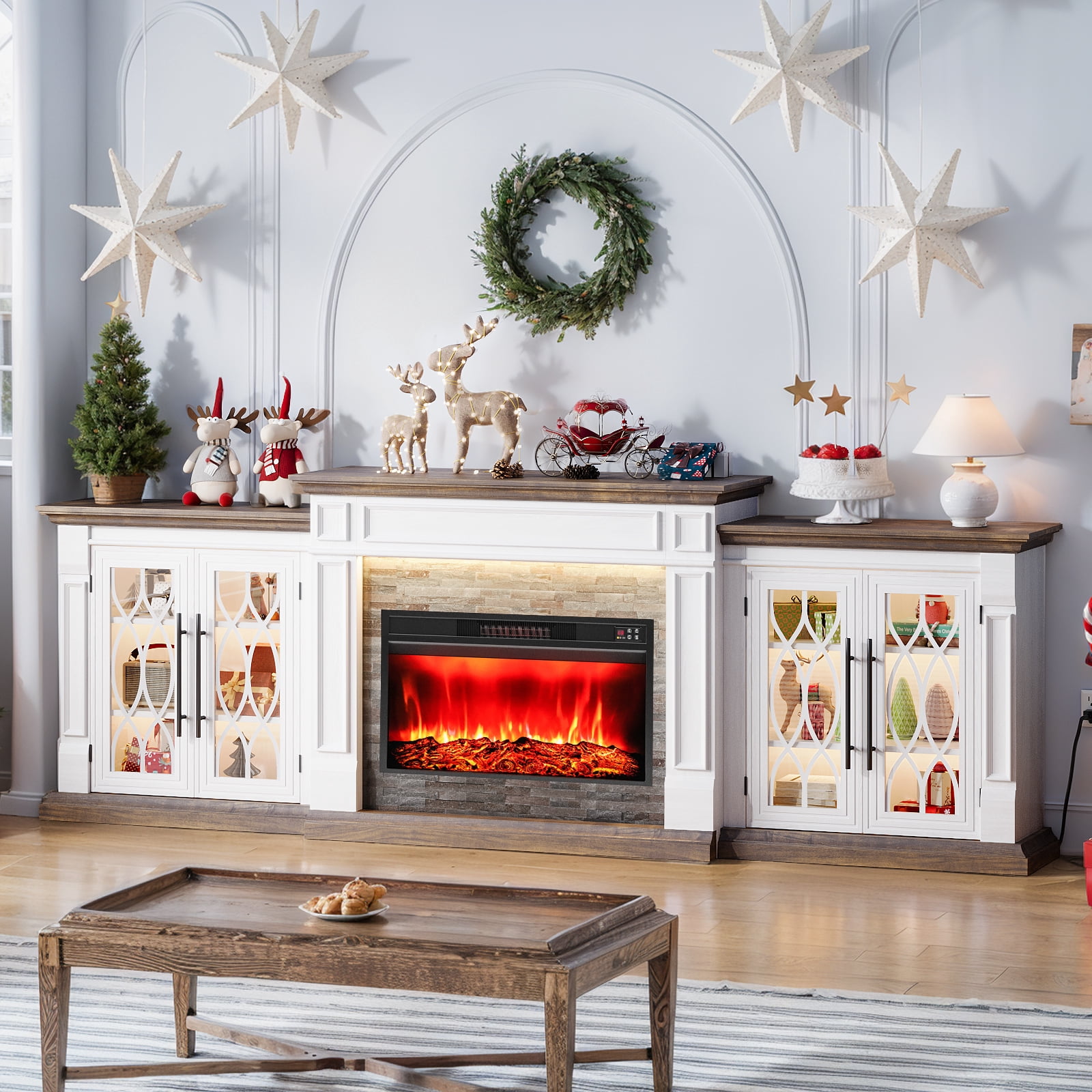 Holliwill 104" Fireplace TV Stand with 30" Electric Heater & LED Lights & Power Outlets, Modern Farmhouse Entertainment Center with Storage Cabinet for Living Room, Fireplace with Mantel, White Brown
