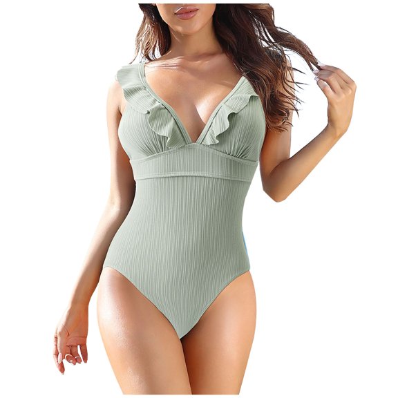 Ruffled One Piece Swimsuits for Women Casual V Neck Bathing Suits Woman's Solid Color Stripe Swimwear