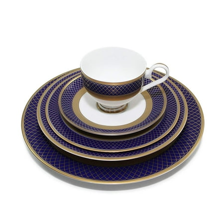 - Royalty Porcelain 5pc Place Setting, Cobalt Navy Pattern, 24K Bone China Set