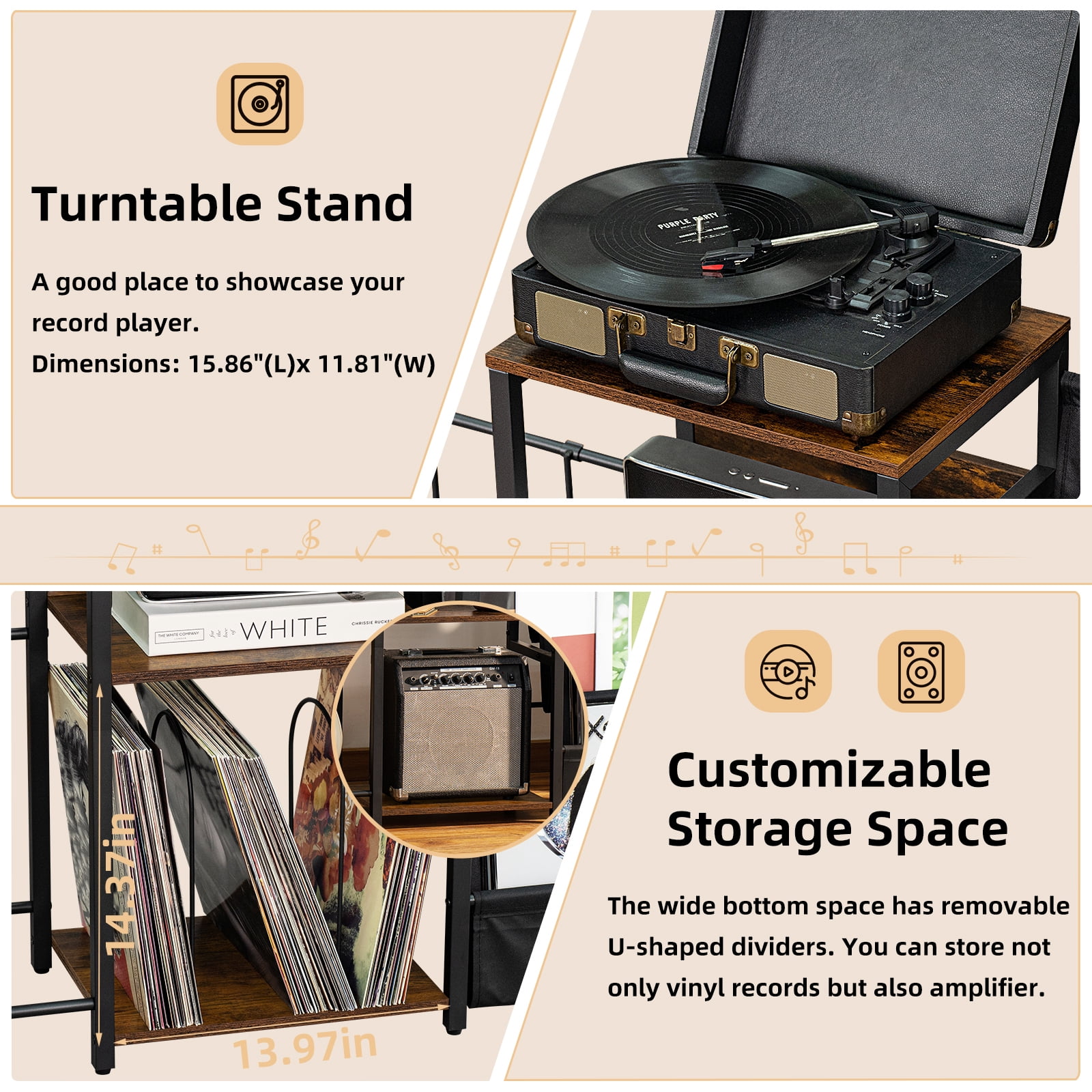 Vinyl Player Stand, Adjustable Guitar Stand for Acoustic Guitar, Violin, 3-Tier Turntable Stand with Vinyl Storage, Holds Up to 150 Albums, Retro Media Console Table for Living Room